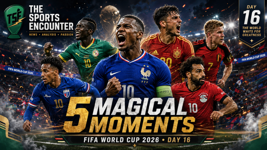 Six fictional top performers from FIFA World Cup 2026 Day 16 stand in a cinematic stadium collage, representing standout moments from France, Senegal, Spain, Belgium, Egypt, and Cape Verde.