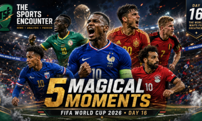 Six fictional top performers from FIFA World Cup 2026 Day 16 stand in a cinematic stadium collage, representing standout moments from France, Senegal, Spain, Belgium, Egypt, and Cape Verde.