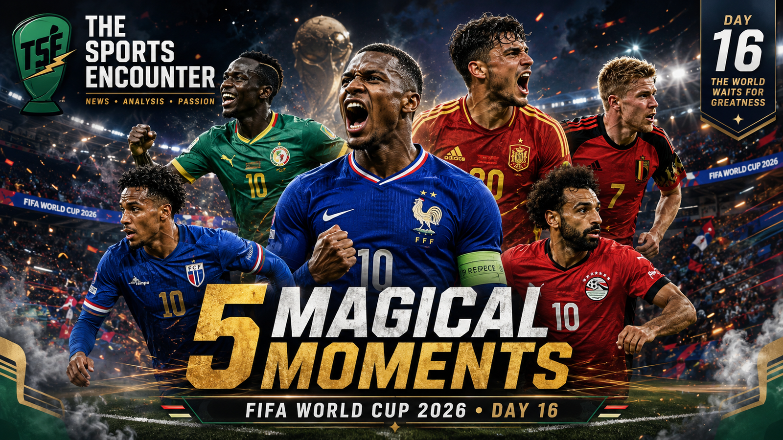 Six fictional top performers from FIFA World Cup 2026 Day 16 stand in a cinematic stadium collage, representing standout moments from France, Senegal, Spain, Belgium, Egypt, and Cape Verde.