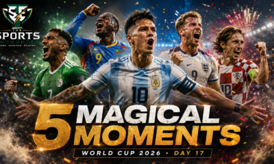 A cinematic FIFA World Cup 2026 Day 17 graphic showing fictional football players celebrating key tournament moments, with The Sports Encounter logo and bold “5 Magical Moments” headline text.