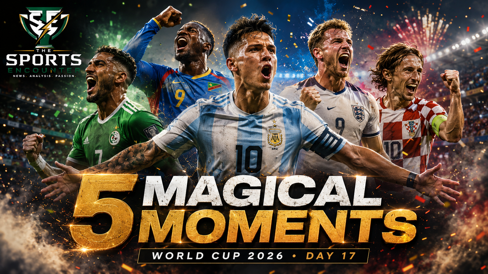 A cinematic FIFA World Cup 2026 Day 17 graphic showing fictional football players celebrating key tournament moments, with The Sports Encounter logo and bold “5 Magical Moments” headline text.