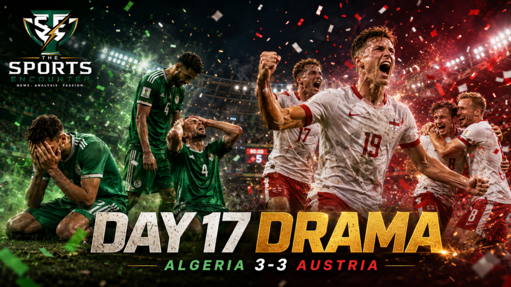 Algerian players react in despair while Austrian players celebrate after a dramatic 3-3 FIFA World Cup 2026 draw, with The Sports Encounter logo and Day 17 drama text.