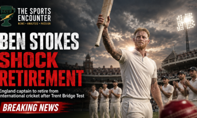 A cinematic cricket retirement graphic showing a fictional England cricketer raising his bat at Trent Bridge as teammates applaud, with bold text announcing Ben Stokes’ shock international retirement and The Sports Encounter logo.