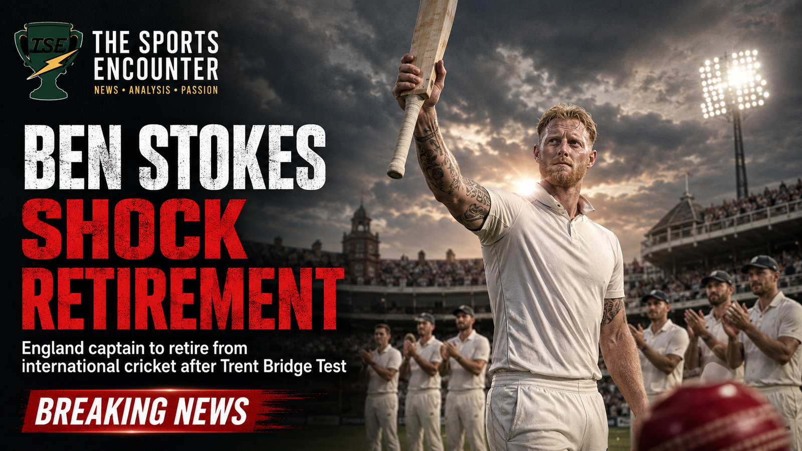 A cinematic cricket retirement graphic showing a fictional England cricketer raising his bat at Trent Bridge as teammates applaud, with bold text announcing Ben Stokes’ shock international retirement and The Sports Encounter logo.