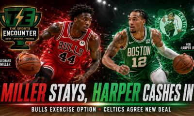 A VFX-style basketball graphic showing fictional versions of Leonard Miller in a Chicago Bulls uniform and Ron Harper Jr. in a Boston Celtics uniform driving with the ball on a split red-and-green court, with The Sports Encounter logo.