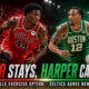 A VFX-style basketball graphic showing fictional versions of Leonard Miller in a Chicago Bulls uniform and Ron Harper Jr. in a Boston Celtics uniform driving with the ball on a split red-and-green court, with The Sports Encounter logo.