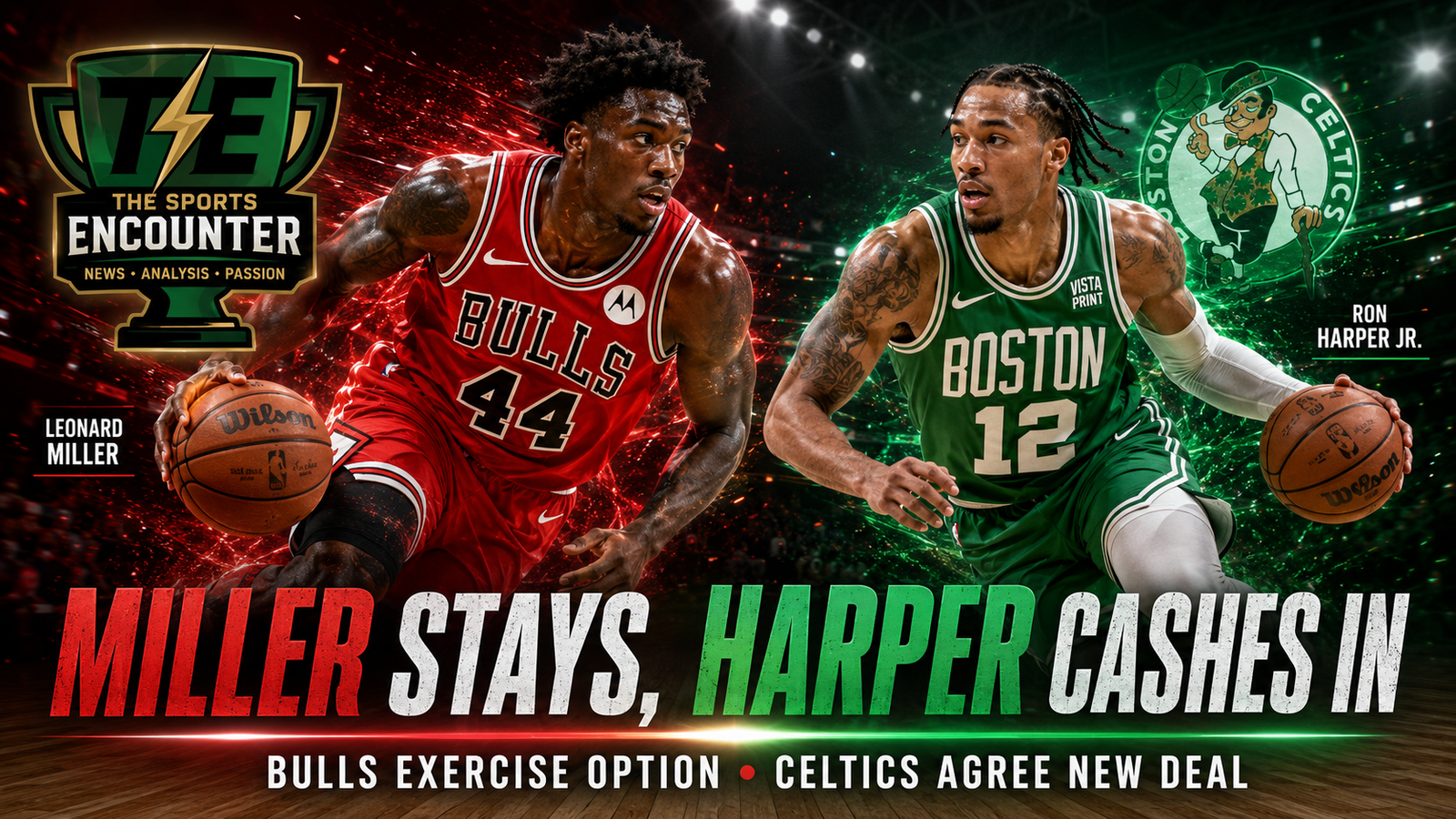 A VFX-style basketball graphic showing fictional versions of Leonard Miller in a Chicago Bulls uniform and Ron Harper Jr. in a Boston Celtics uniform driving with the ball on a split red-and-green court, with The Sports Encounter logo.