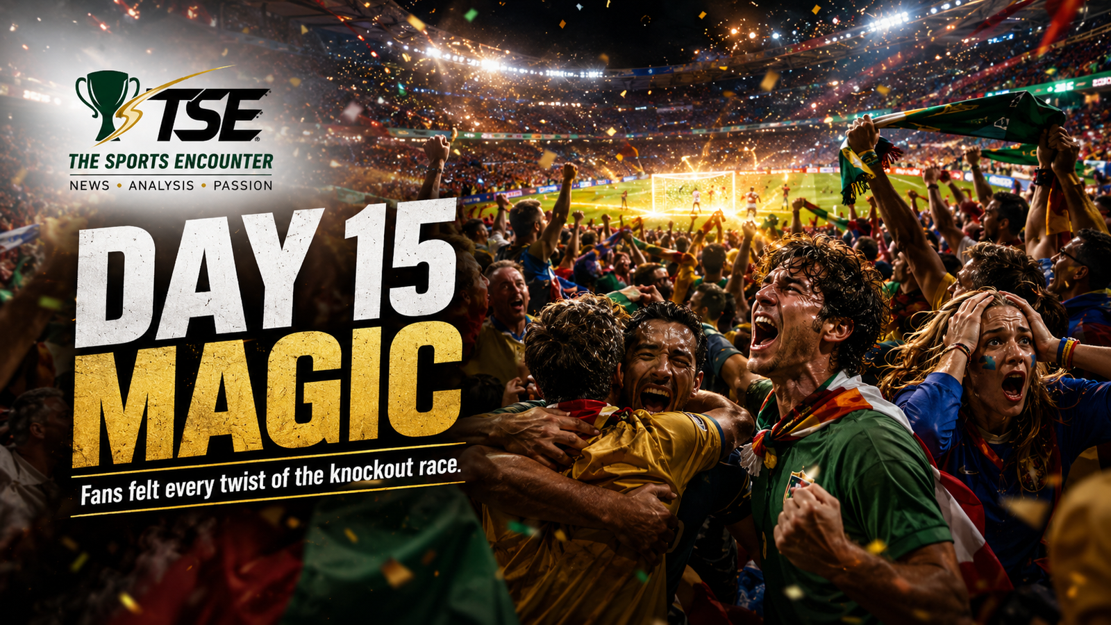 Football fans celebrate a magical Day 15 moment during FIFA World Cup 2026 in a packed stadium featured image for The Sports Encounter.