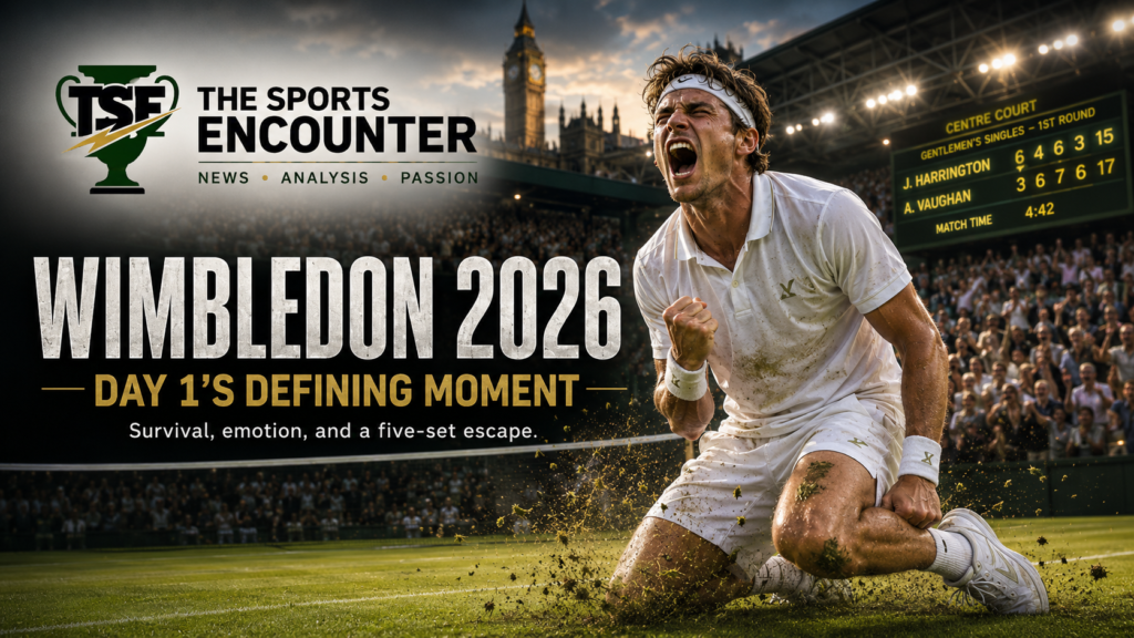 VFX-style Wimbledon 2026 Day 1 image showing a fictional male tennis player celebrating on one knee after a five-set grass-court win, with The Sports Encounter logo, Centre Court-style crowd, scoreboard, and dramatic headline text.