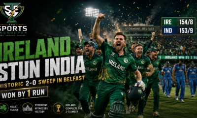 Irish cricketers celebrate a historic 2-0 T20I series sweep over India at Stormont, Belfast, with the scoreboard showing Ireland 154/8 and India 153/9 after a one-run win.