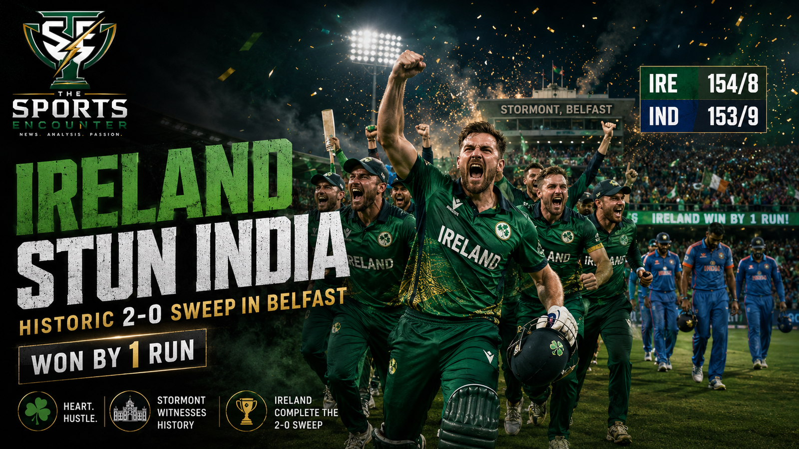 Irish cricketers celebrate a historic 2-0 T20I series sweep over India at Stormont, Belfast, with the scoreboard showing Ireland 154/8 and India 153/9 after a one-run win.
