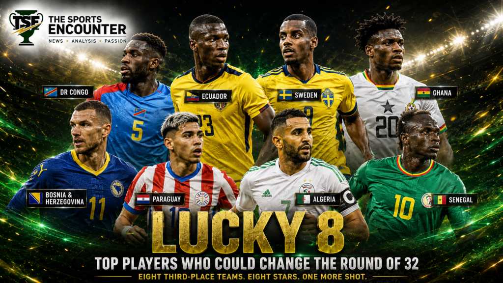 VFX-style Lucky 8 football graphic showing standout players representing DR Congo, Ecuador, Sweden, Ghana, Bosnia and Herzegovina, Paraguay, Algeria, and Senegal, with The Sports Encounter logo and a Round of 32 players-to-watch headline.