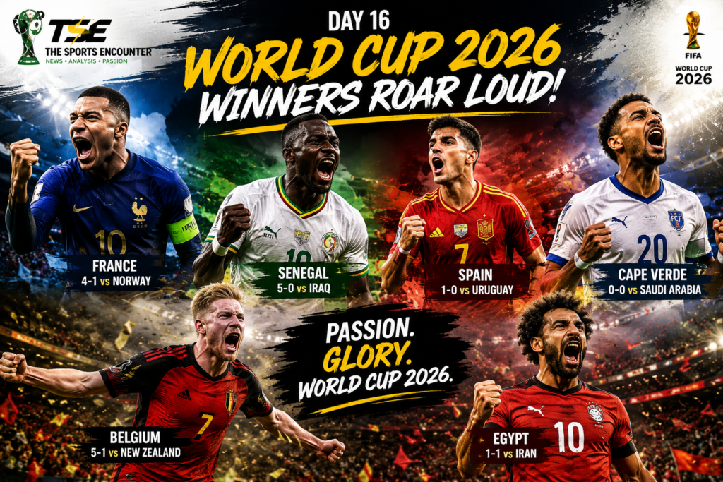 Players from winning and advancing teams roar with passion in a dramatic FIFA World Cup 2026 Day 16 collage featuring France, Senegal, Spain, Cape Verde, Belgium, and Egypt.