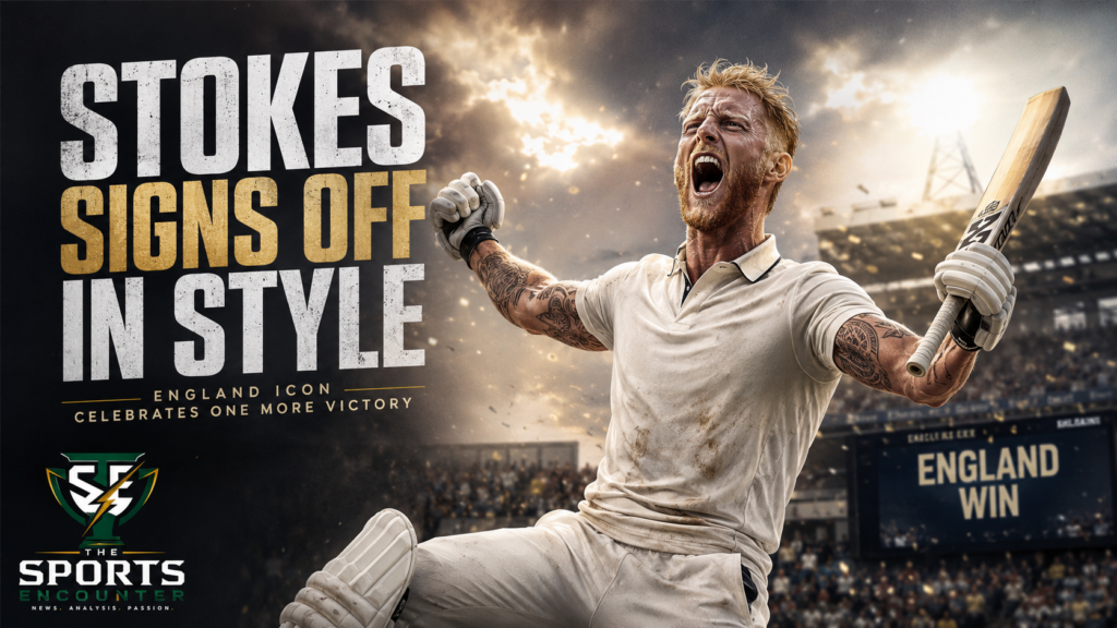 A movie-poster-style cricket image showing a fictional England cricketer celebrating a victory with bat raised, dramatic stadium lighting, crowd scenes, and The Sports Encounter branding.
