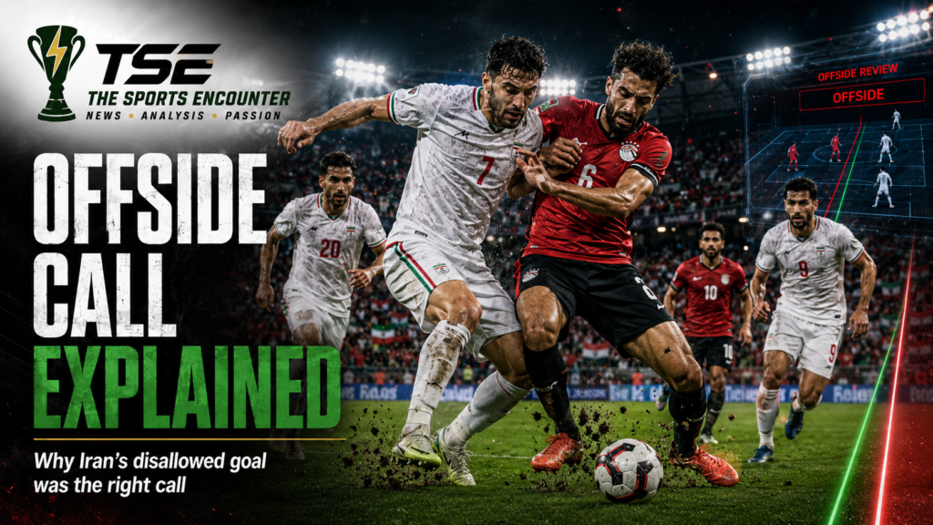 Iranian and Egyptian players battle aggressively for the ball during the Iran vs Egypt World Cup 2026 match, with an offside review graphic highlighting the disputed decision.