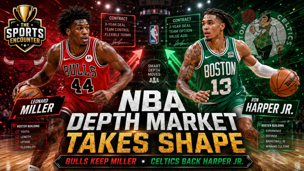 A cinematic NBA depth market graphic showing fictional Bulls and Celtics players in action, with contract panels, roster-building visuals, and headline text about Chicago keeping Leonard Miller and Boston backing Ron Harper Jr.
