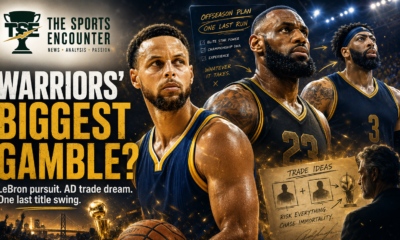 VFX-style NBA offseason graphic showing fictional veteran basketball stars in blue-and-gold uniforms, with The Sports Encounter logo, “Warriors’ Biggest Gamble?” headline, trade-board visuals, and a one-last-title-run theme.