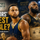 VFX-style NBA offseason graphic showing fictional veteran basketball stars in blue-and-gold uniforms, with The Sports Encounter logo, “Warriors’ Biggest Gamble?” headline, trade-board visuals, and a one-last-title-run theme.