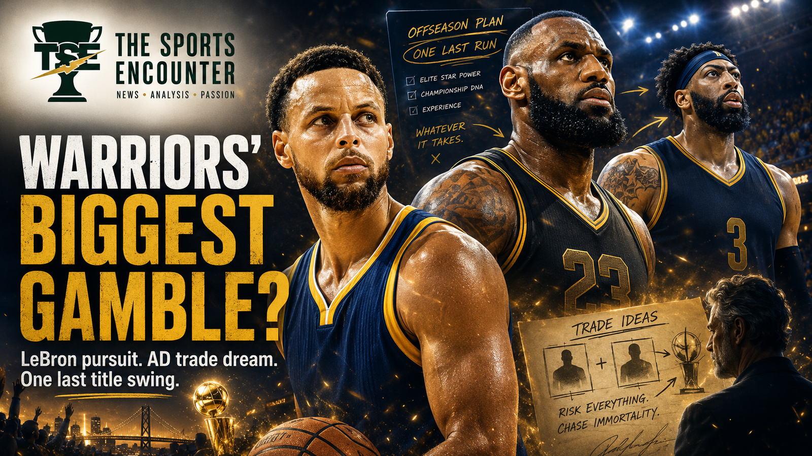 VFX-style NBA offseason graphic showing fictional veteran basketball stars in blue-and-gold uniforms, with The Sports Encounter logo, “Warriors’ Biggest Gamble?” headline, trade-board visuals, and a one-last-title-run theme.