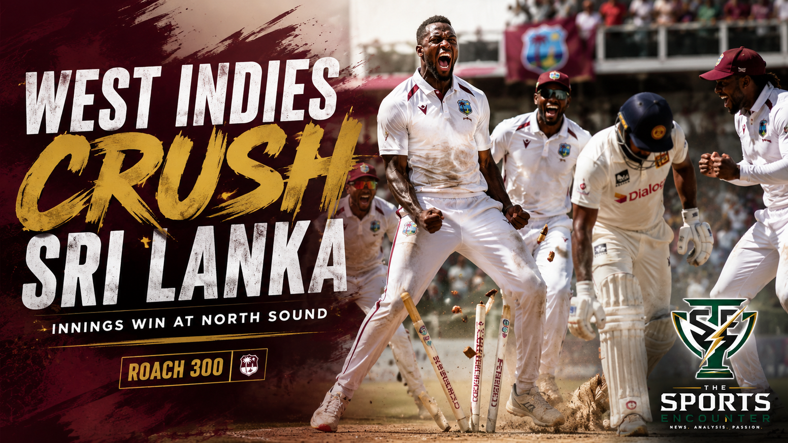 West Indies cricketers celebrate a dominant innings victory over Sri Lanka at North Sound, with key match details highlighting Amir Jangoo’s 233, Roston Chase’s 194, and Kemar Roach’s 300th Test wicket.