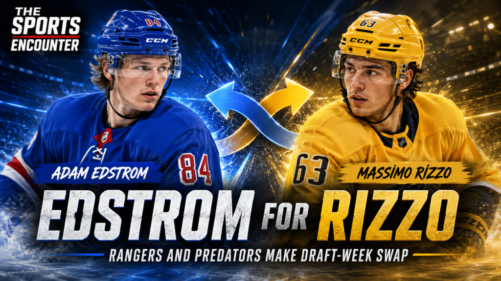 A VFX-style NHL trade graphic showing fictional versions of Adam Edstrom and Massimo Rizzo facing each other in blue and gold hockey uniforms, with swap arrows between them and The Sports Encounter branding.