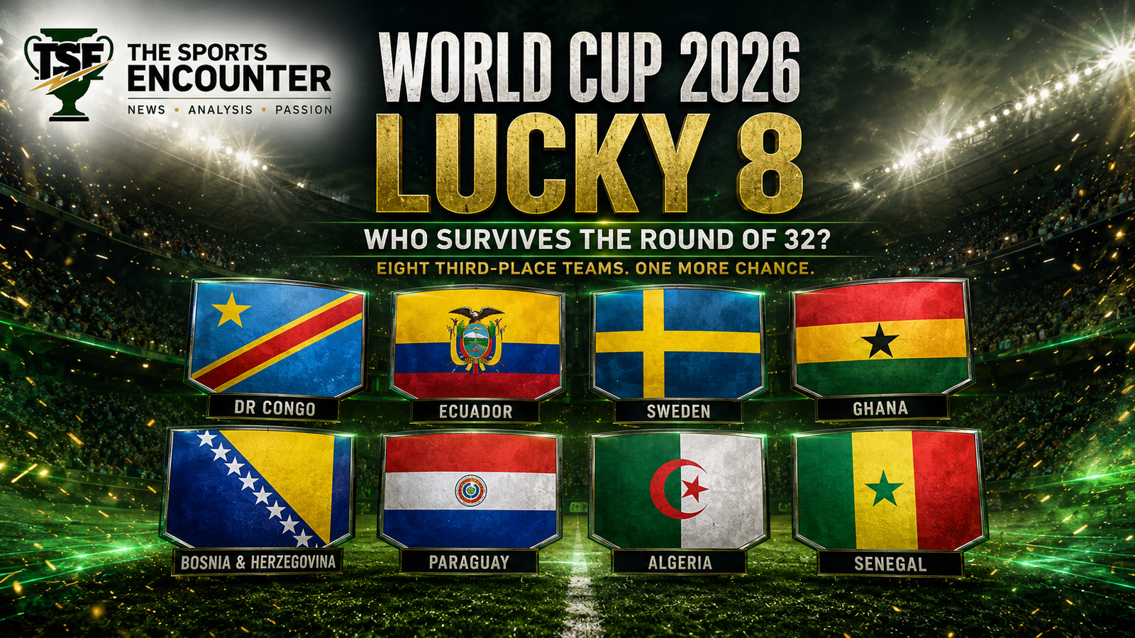 VFX-style FIFA World Cup 2026 Lucky 8 graphic showing the flags of DR Congo, Ecuador, Sweden, Ghana, Bosnia and Herzegovina, Paraguay, Algeria, and Senegal inside a dramatic stadium, with The Sports Encounter logo and Round of 32 survival headline.