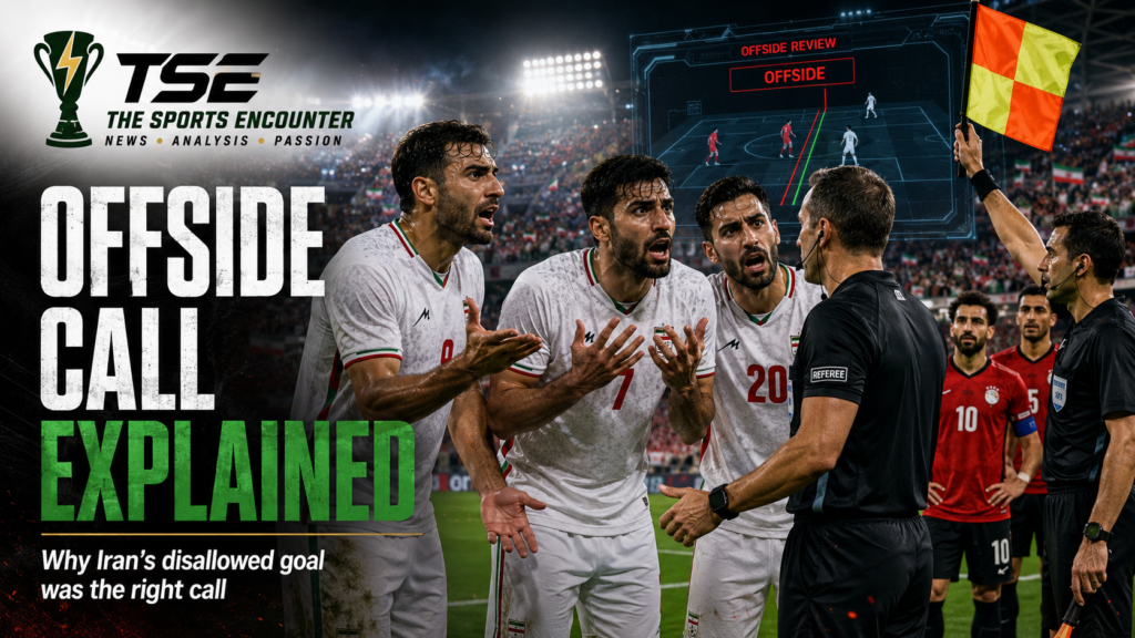Iranian players in white kits protest an offside decision as the referee and assistant referee signal the call during the Iran vs Egypt World Cup 2026 match.