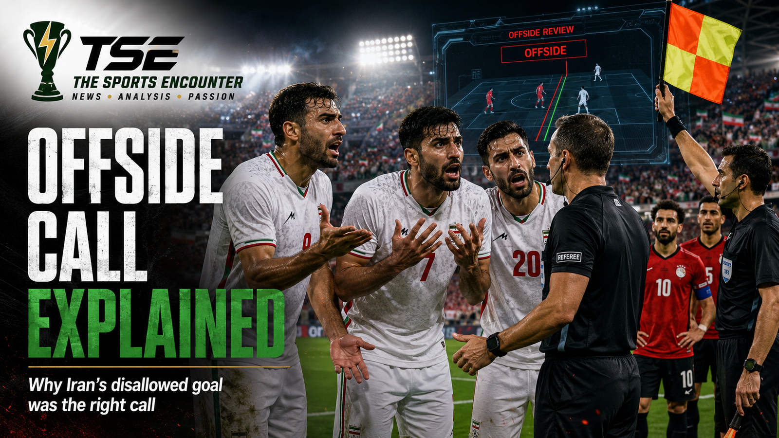 Iranian players in white kits protest an offside decision as the referee and assistant referee signal the call during the Iran vs Egypt World Cup 2026 match.