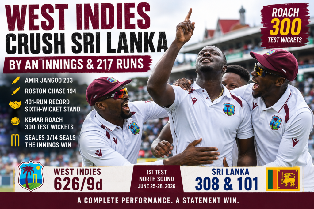 West Indies players celebrate after bowling Sri Lanka out at North Sound, with broken stumps, a dismissed batter, and The Sports Encounter branding marking Roach’s 300-wicket milestone.