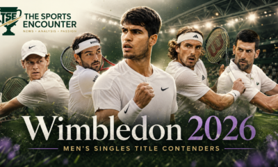 A cinematic Wimbledon 2026 men’s singles title contenders graphic showing five fictional tennis players in white kits on a grass court, with The Sports Encounter logo in the top-left corner.