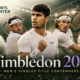 A cinematic Wimbledon 2026 men’s singles title contenders graphic showing five fictional tennis players in white kits on a grass court, with The Sports Encounter logo in the top-left corner.