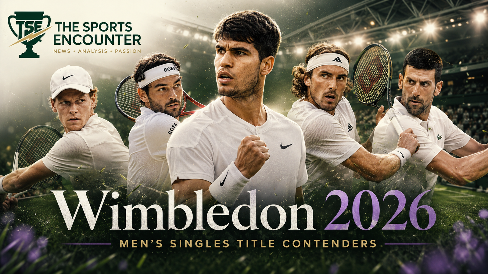 A cinematic Wimbledon 2026 men’s singles title contenders graphic showing five fictional tennis players in white kits on a grass court, with The Sports Encounter logo in the top-left corner.