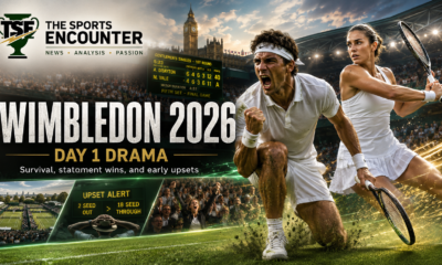 VFX-style Wimbledon 2026 Day 1 graphic showing two fictional tennis players in white kits on a grass court, with The Sports Encounter logo, bold tournament text, crowd scenes, scoreboard visuals, and upset-drama elements.