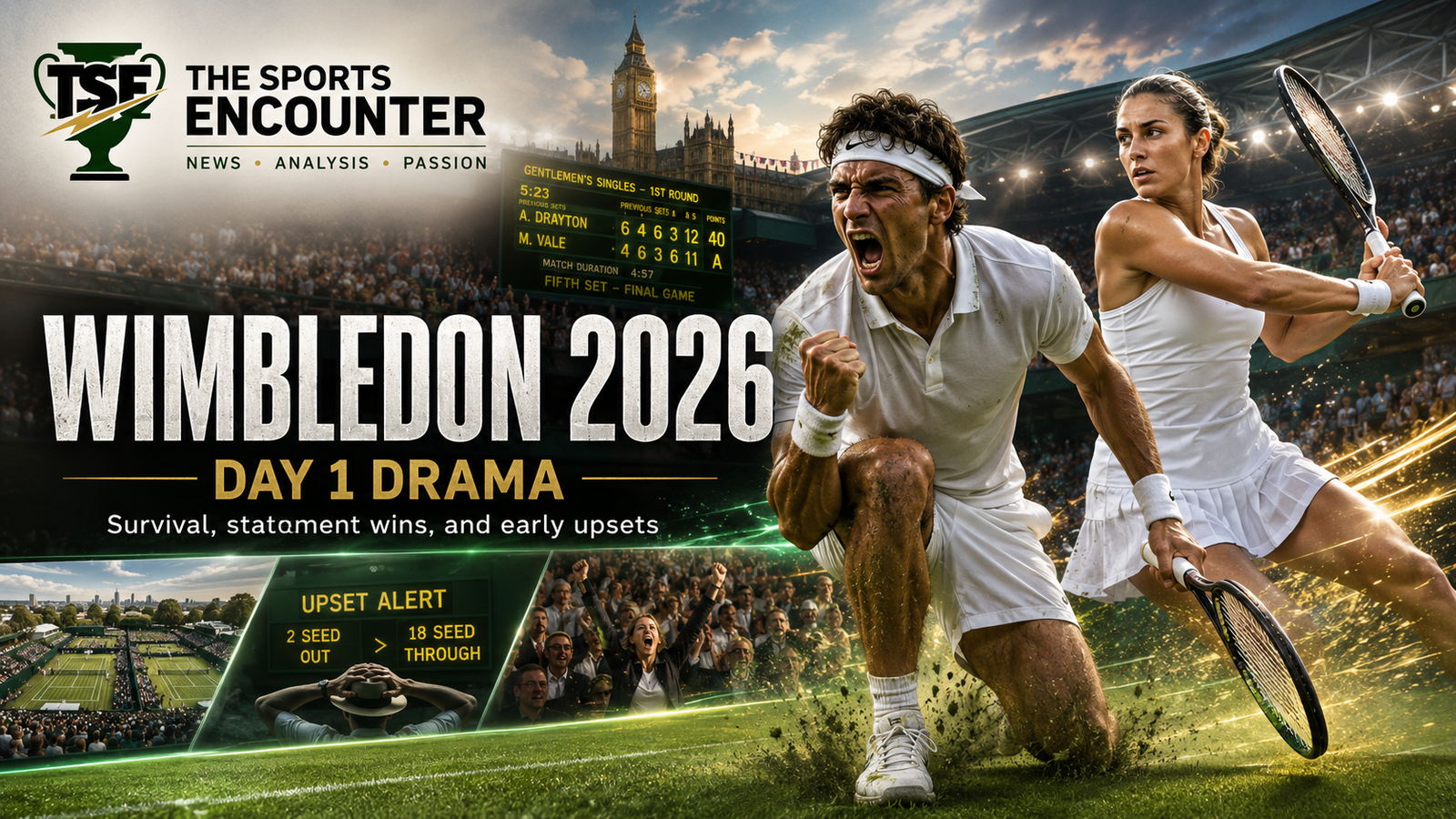 VFX-style Wimbledon 2026 Day 1 graphic showing two fictional tennis players in white kits on a grass court, with The Sports Encounter logo, bold tournament text, crowd scenes, scoreboard visuals, and upset-drama elements.
