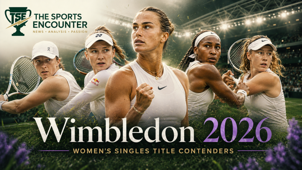 A cinematic Wimbledon 2026 women’s singles title contenders graphic showing five fictional tennis players in white kits on a grass court, with The Sports Encounter logo in the top-left corner.