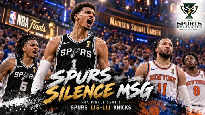 Victor Wembanyama and Stephon Castle celebrate the San Antonio Spurs' 115-111 Game 3 victory over Jalen Brunson and the New York Knicks in the 2026 NBA Finals