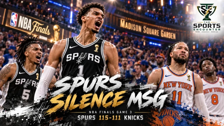 Victor Wembanyama and Stephon Castle celebrate the San Antonio Spurs' 115-111 Game 3 victory over Jalen Brunson and the New York Knicks in the 2026 NBA Finals