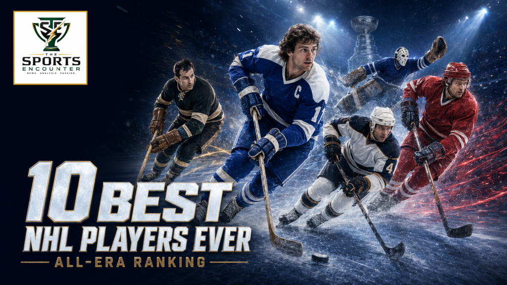 All-era montage of legendary hockey player archetypes skating beneath arena lights for The Sports Encounter’s ranking of the 10 best NHL players ever.