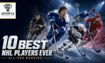 All-era montage of legendary hockey player archetypes skating beneath arena lights for The Sports Encounter’s ranking of the 10 best NHL players ever.
