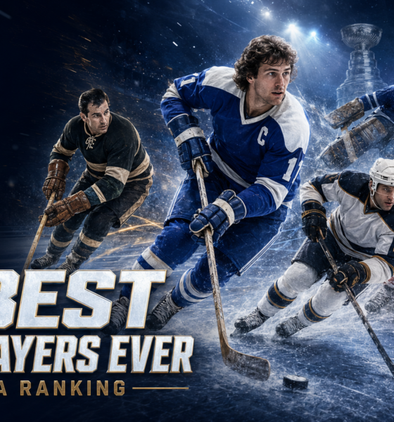 All-era montage of legendary hockey player archetypes skating beneath arena lights for The Sports Encounter’s ranking of the 10 best NHL players ever.