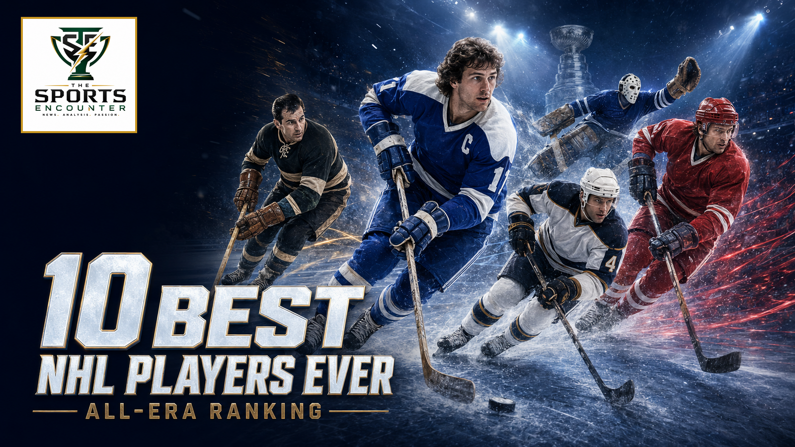 All-era montage of legendary hockey player archetypes skating beneath arena lights for The Sports Encounter’s ranking of the 10 best NHL players ever.