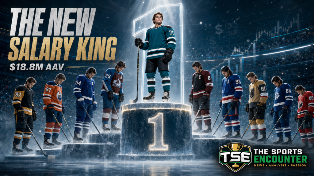 Macklin Celebrini stands at the top of a cinematic hockey podium as nine elite NHL stars acknowledge his record $18.8 million annual contract value.