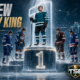 Macklin Celebrini stands at the top of a cinematic hockey podium as nine elite NHL stars acknowledge his record $18.8 million annual contract value.
