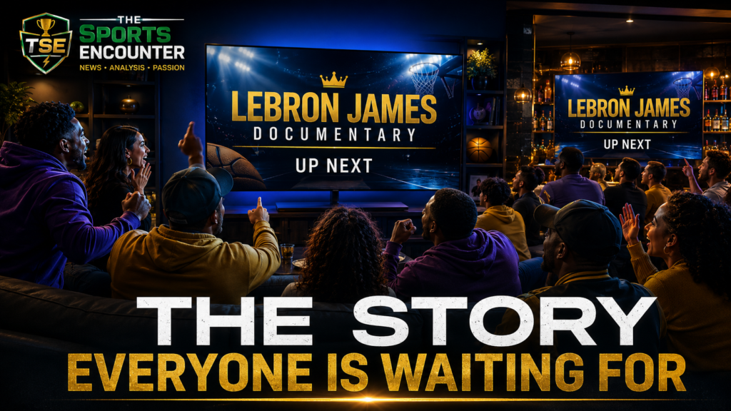Basketball fans gather around television screens displaying “LeBron James Documentary Up Next,” anticipating a behind-the-scenes look at the NBA legend’s final career chapter.