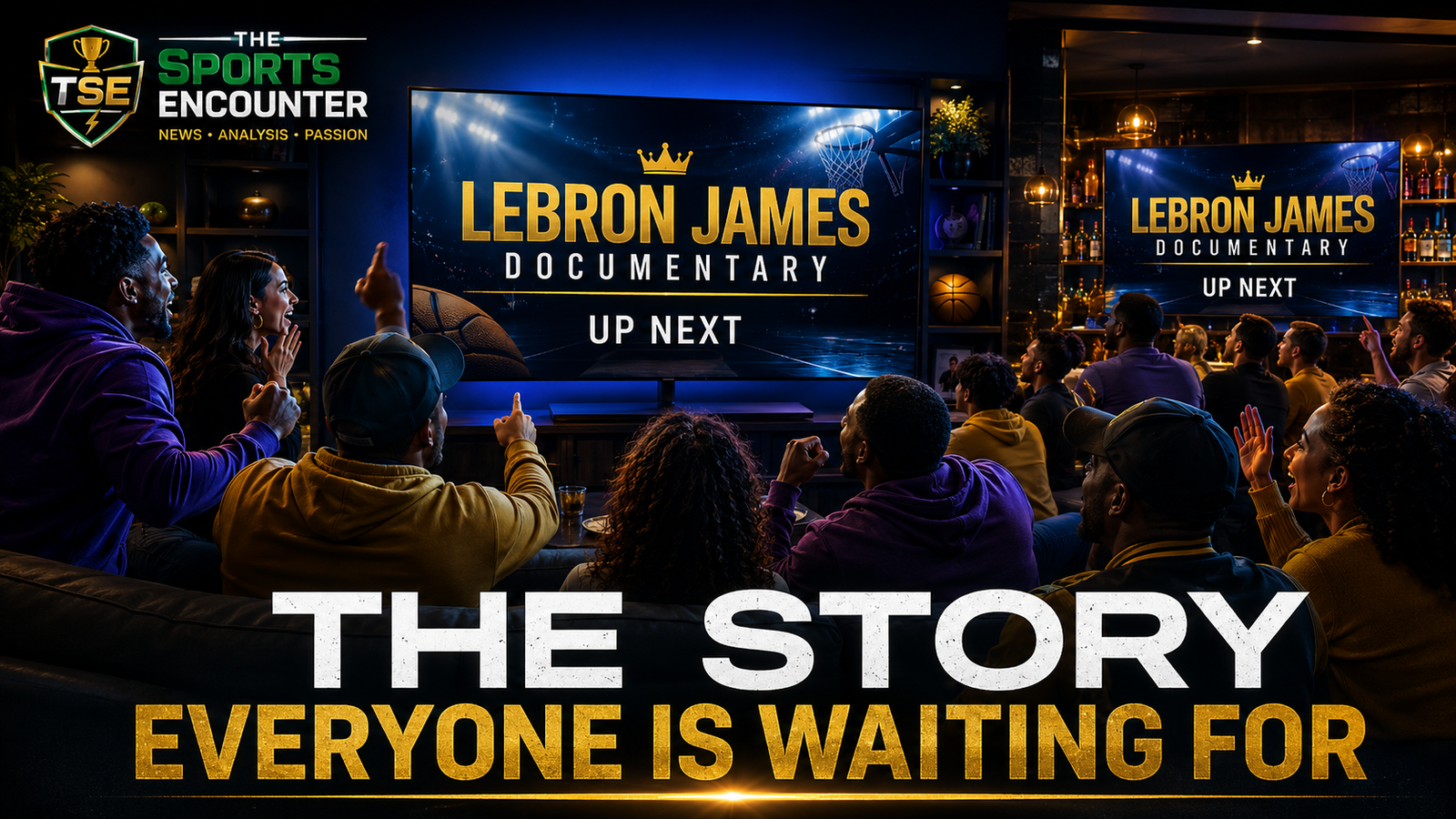 Basketball fans gather around television screens displaying “LeBron James Documentary Up Next,” anticipating a behind-the-scenes look at the NBA legend’s final career chapter.