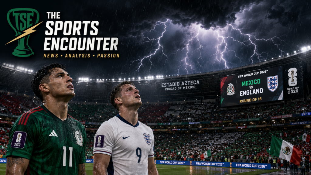 Mexico and England players look up at lightning above Estadio Azteca before their FIFA World Cup 2026 Round of 16 match.