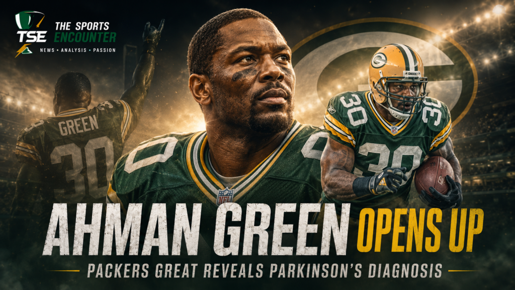 Green Bay Packers legend Ahman Green appears in a cinematic tribute showing his playing career and determined expression after publicly revealing his Parkinson’s disease diagnosis.