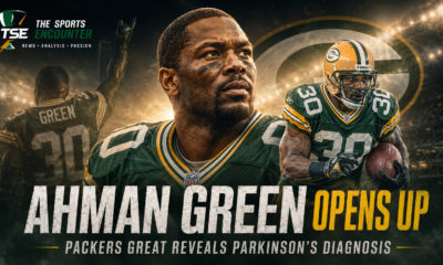 Green Bay Packers legend Ahman Green appears in a cinematic tribute showing his playing career and determined expression after publicly revealing his Parkinson’s disease diagnosis.