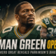 Green Bay Packers legend Ahman Green appears in a cinematic tribute showing his playing career and determined expression after publicly revealing his Parkinson’s disease diagnosis.