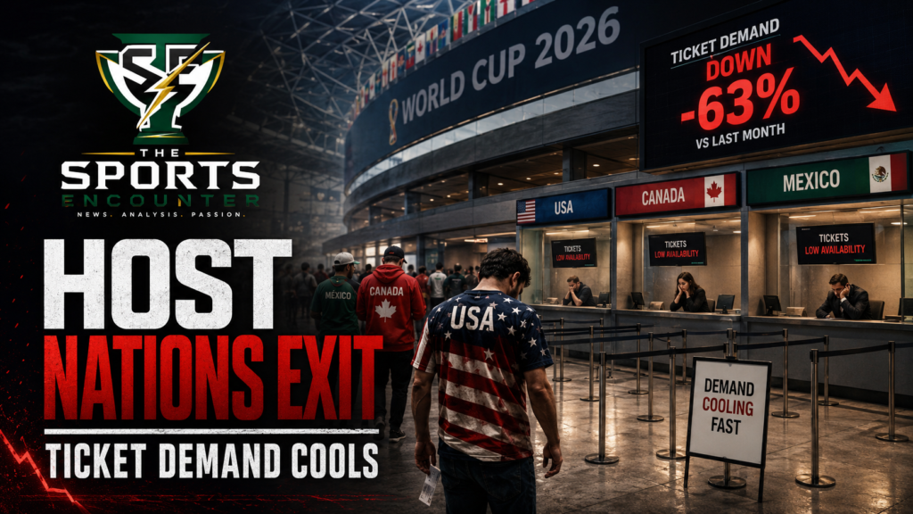 Fans walking away from World Cup 2026 ticket counters after host nations USA, Canada, and Mexico exit the tournament, showing empty ticket booths, falling demand, and The Sports Encounter logo in a dramatic sports news graphic.